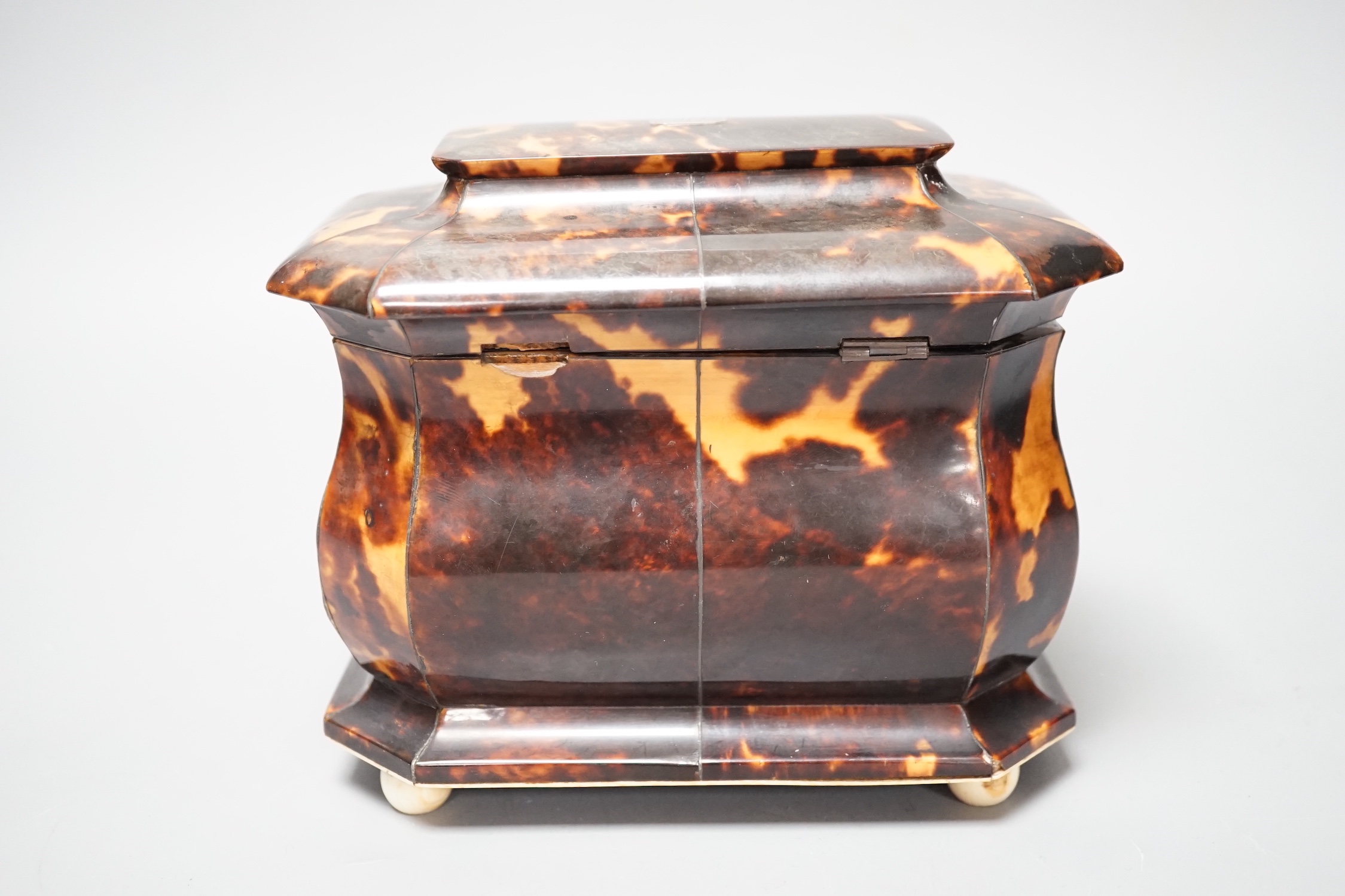 A Regency tortoiseshell bombe shaped two division tea caddy on ivory ball feet (Lid detached, requires restoration) - 18cm wide